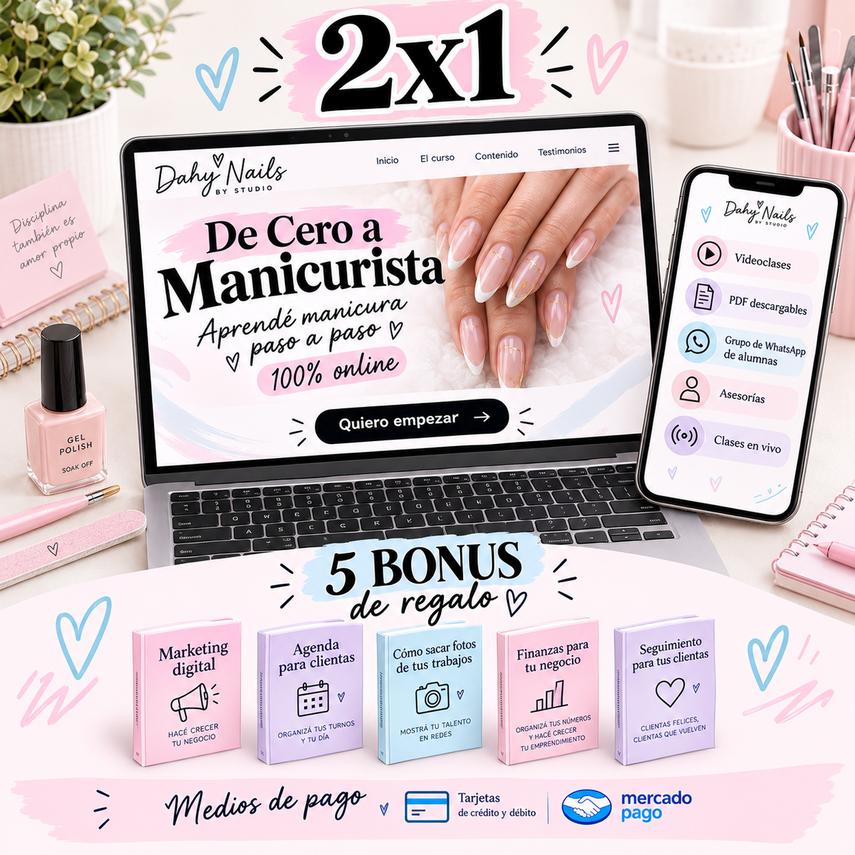 2 x 1 de 0 a manicura profesional + 5 Bonus de regalo